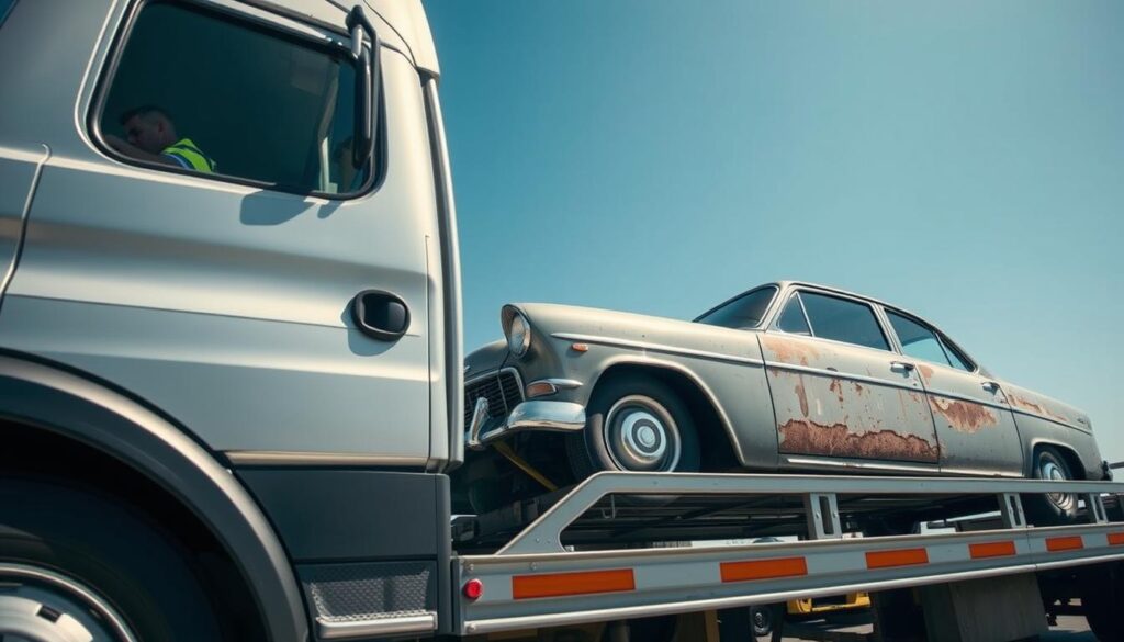 A close-up view of a sleek, modern car transport truck maneuvering an inoperable vehicle onto its flatbed. The foreground features a professional driver wearing a safety vest, focused as they use a winch to secure the car. The middle ground showcases a vintage car, distinctively non-operational, with a slightly rusted exterior, resting on the flatbed. In the background, a clear blue sky fills the scene, hinting at a smooth logistics process. Bright daylight enhances the clarity of the vehicles and the truck’s details, casting subtle shadows that add depth. The overall mood conveys reliability and professionalism in vehicle transport, emphasizing careful handling and security in an efficient manner.