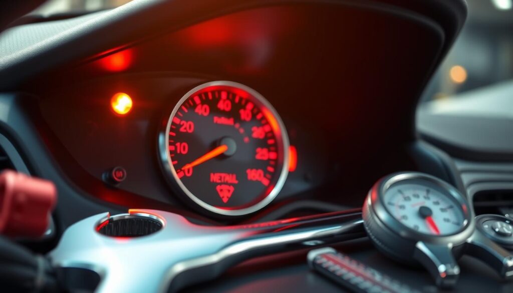 A close-up view of a temperature gauge embedded in the dashboard of a modern car, displaying high temperature levels in red to indicate overheating. The gauge should have clear, legible markings and a glowing warning light next to it. In the foreground, a neatly arranged array of car diagnostic tools, like a wrench and a thermometer, is visible, suggesting immediate attention. The background features a blurred view of a car engine bay with warm light illuminating the scene, conveying urgency and concern. Use soft focus to enhance the gauge, making it the focal point of the image. The overall mood should reflect tension and the need for expert intervention, complemented by a well-lit atmosphere that enhances the details of the gauge and tools.