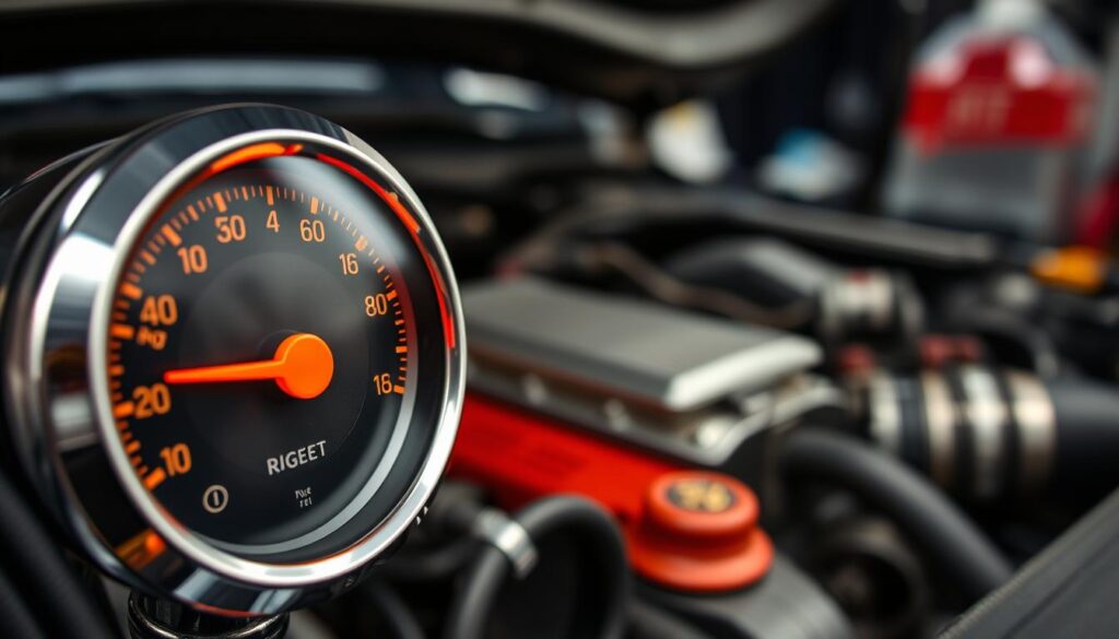 A close-up view of a temperature gauge prominently displayed, its dial clearly indicating a high temperature. The gauge should feature vivid red and orange markings to signify overheating, contrasted against a metallic silver casing for a realistic effect. In the foreground, focus on the gauge's needle pointing towards the red zone, accentuating urgency. The middle ground displays a blurred engine bay, with visible parts such as hoses and a radiator, suggesting an overheating engine context. The background should be a subtle garage setting with soft, diffused lighting, enhancing the technical environment. Use a slightly angled perspective to give depth, creating a sense of critical importance. The overall mood should evoke concern and alertness, suitable for recognizing engine issues. A close-up view of a temperature gauge prominently displayed, its dial clearly indicating a high temperature. The gauge should feature vivid red and orange markings to signify overheating, contrasted against a metallic silver casing for a realistic effect. In the foreground, focus on the gauge's needle pointing towards the red zone, accentuating urgency. The middle ground displays a blurred engine bay, with visible parts such as hoses and a radiator, suggesting an overheating engine context. The background should be a subtle garage setting with soft, diffused lighting, enhancing the technical environment. Use a slightly angled perspective to give depth, creating a sense of critical importance. The overall mood should evoke concern and alertness, suitable for recognizing engine issues.