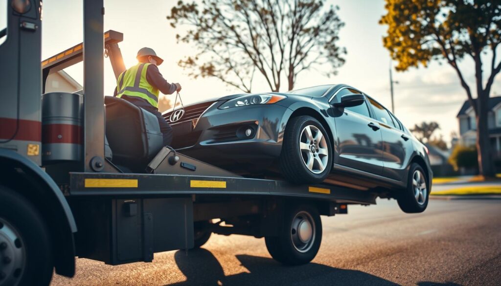 A close-up view of a tow truck carefully securing a car with flat tires for transportation. The foreground features the truck's professional driver in a bright vest, demonstrating safe towing practices. In the middle ground, the flat-tired car is depicted at an angle, emphasizing its unusable condition while still looking realistic and intact. The background shows a suburban street with a clear sky and soft sunlight, casting gentle shadows that add depth. The lighting is warm and inviting, creating a sense of safety and professionalism. The overall mood is reassuring and informative, highlighting the theme of safe vehicle transportation in a practical setting.