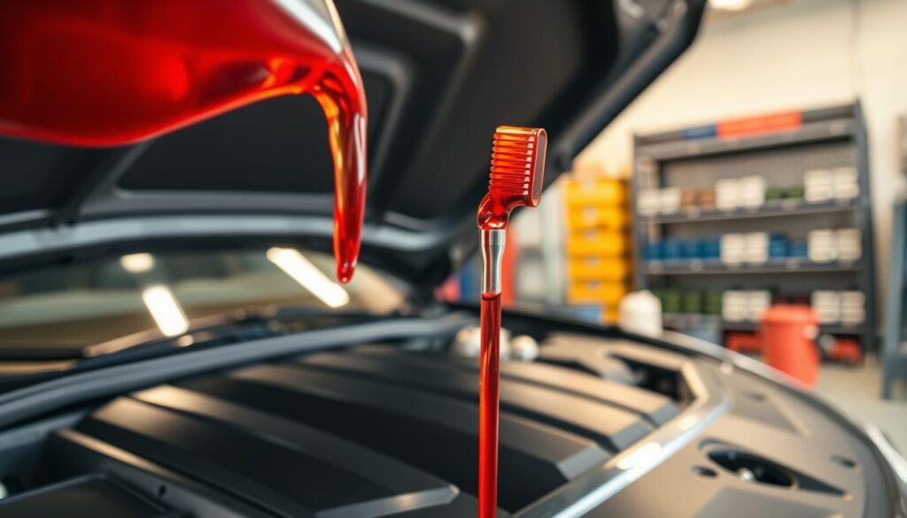 A close-up view of a transparent bottle of fresh transmission fluid, showcasing its vibrant red color as it glistens in the light. In the foreground, the fluid is being poured into a vehicle’s dipstick tube, with a small funnel assisting in the precision. The midground features the open hood of a car, reflecting a typical garage setting with tools neatly organized nearby. Soft overhead lighting casts a warm glow, highlighting the sleek surface of the engine and the shiny transmission components. The background shows a slightly blurred mechanic's workshop with shelves of auto parts, creating a sense of professionalism and maintenance. The overall atmosphere is one of diligence and care, emphasizing the importance of checking transmission fluid in vehicle upkeep.