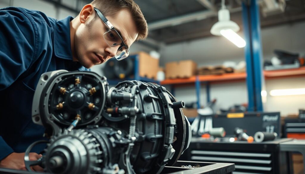 A close-up view of an automatic transmission component being inspected by a skilled mechanic in a well-lit automotive workshop. In the foreground, the mechanic is focused on a disassembled transmission, showcasing intricate gears and electrical connections, wearing a fitted blue work uniform and safety goggles. The middle layer features an array of automotive tools neatly arranged on a toolbox, emphasizing a clean and organized workspace. In the background, soft-focus elements include shelves stocked with car parts and a bright overhead light casting a warm glow, creating a professional yet inviting atmosphere. The overall mood is one of diligence and problem-solving, symbolizing the complexity of diagnosing transmission issues. A close-up view of an automatic transmission component being inspected by a skilled mechanic in a well-lit automotive workshop. In the foreground, the mechanic is focused on a disassembled transmission, showcasing intricate gears and electrical connections, wearing a fitted blue work uniform and safety goggles. The middle layer features an array of automotive tools neatly arranged on a toolbox, emphasizing a clean and organized workspace. In the background, soft-focus elements include shelves stocked with car parts and a bright overhead light casting a warm glow, creating a professional yet inviting atmosphere. The overall mood is one of diligence and problem-solving, symbolizing the complexity of diagnosing transmission issues.