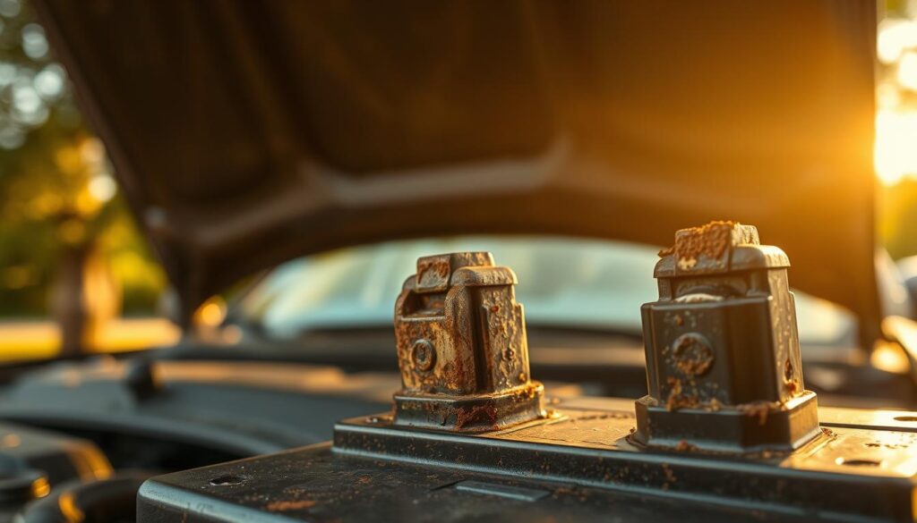 A close-up view of battery terminals in a car, positioned prominently in the foreground. The terminals are rusty and corroded, clearly indicating neglect, with visible signs of residue built up around the connections. The middle ground features a partially opened car hood exposing the engine compartment, lit by soft, natural light filtering through a nearby tree, creating a calm yet serious mood. The background is slightly blurred to maintain focus on the battery, enhancing the detail in the terminals. The lighting is warm and inviting, evoking a sense of urgency balanced with hope for resolution. The image should feel professional and informative, suitable for an article's technical inspection section. A close-up view of battery terminals in a car, positioned prominently in the foreground. The terminals are rusty and corroded, clearly indicating neglect, with visible signs of residue built up around the connections. The middle ground features a partially opened car hood exposing the engine compartment, lit by soft, natural light filtering through a nearby tree, creating a calm yet serious mood. The background is slightly blurred to maintain focus on the battery, enhancing the detail in the terminals. The lighting is warm and inviting, evoking a sense of urgency balanced with hope for resolution. The image should feel professional and informative, suitable for an article's technical inspection section.