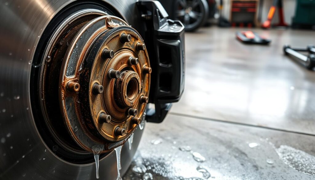 A close-up view of brake components, including rotors, calipers, and pads, partially covered in a thin layer of moisture. The scene is set in a garage, with a clean, polished concrete floor. In the foreground, droplets of water glisten on the surface of the brake components, reflecting light. The middle ground features the intricate details of the brake assembly, showcasing rust and wear that may be exacerbated by moisture. In the background, blurred tools and car parts create context, hinting at automotive maintenance. The lighting is bright yet soft, casting gentle shadows to enhance texture and depth. The overall mood is focused and technical, illustrating the interaction between moisture and brake performance.