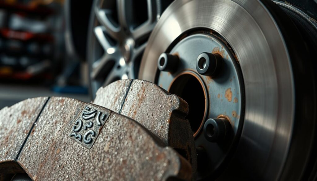 A close-up view of high-quality brake pads and rotors intricately designed with visible grooves and textures, showcasing wear and rust indicative of exposure to moisture. The focus is in the foreground, capturing the intricate details of the brake components, while a blurred car wheel with rim is subtly placed in the middle ground, hinting at the larger context. The background features an indistinct automotive workshop setting, emphasizing a sense of mechanics and maintenance. Soft, natural lighting enhances the sheen on the metal surfaces, while a slightly darkened atmosphere conveys the seriousness of the topic. The angle should be slightly tilted downward to provide a dynamic perspective that draws the viewer into the complexities of brake systems.