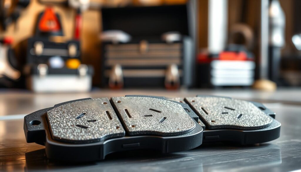 A close-up view of high-quality brake pads lying on a metallic surface, showcasing their textured surfaces and robust design. The foreground displays the brake pads in sharp focus, highlighting grooves and wear indicators, suggesting usage. In the middle ground, a blurred mechanic's toolbox is subtly visible, offering context without distraction. The background features a softly lit garage setting, evoking an atmosphere of automotive maintenance and repair. The overall lighting is warm and inviting, with gentle shadows contrasting against the metallic sheen of the brake pads, lending depth to the image. This composition aims to capture the essential components of brake pads, emphasizing their importance in vehicle safety and maintenance.