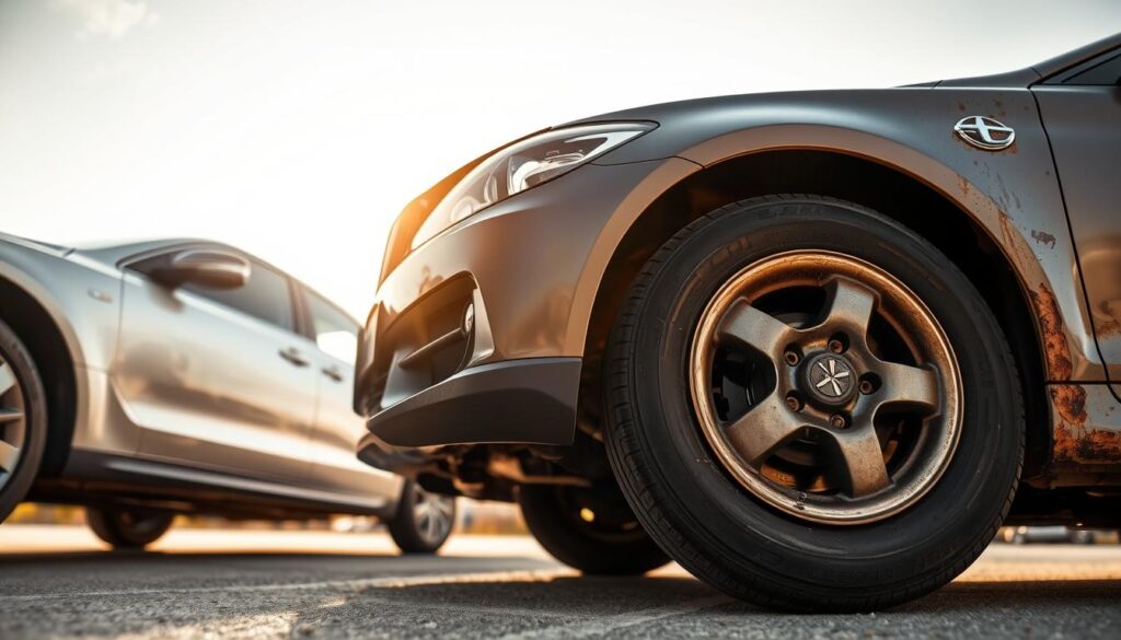 A close-up view of two vehicles in different conditions, showcasing key details related to vehicle status. In the foreground, a well-maintained car with a shiny exterior and clean tires, symbolizing a reliable vehicle. In the middle, a slightly rusted, non-operable car with a flat tire and missing parts, illustrating poor condition. The background features a bright, clear sky, suggesting transparency and trust in car shipping. Warm, natural lighting highlights the vehicles, reflecting a professional environment. The scene conveys a mood of responsibility and clarity, aiming to inform viewers about vehicle condition's significance in shipping logistics.