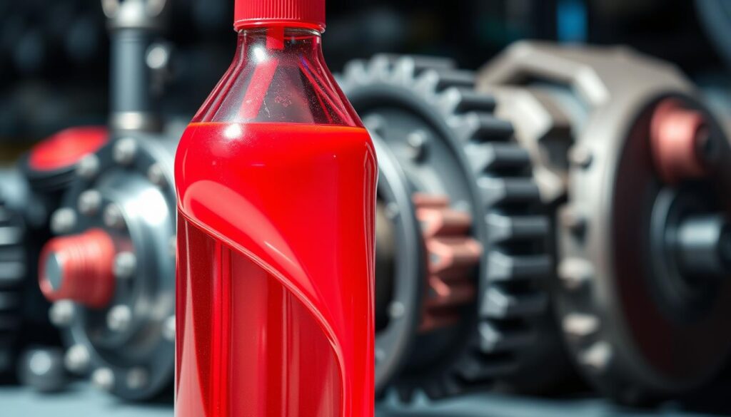 A close-up view of vibrant red transmission fluid inside a transparent bottle, showcasing its smooth, glossy texture. The bottle is positioned in the foreground, with light reflecting off its surface, creating a vivid sheen. In the middle ground, there's a technical background featuring gears and mechanical parts, slightly blurred to emphasize the fluid. The backdrop includes a soft-focus image of a car transmission system, emphasizing an automotive environment. The scene is illuminated with bright, natural lighting, conveying a clear and professional atmosphere. The angle is slightly tilted to highlight the fluid and its interaction with the mechanical elements, symbolizing the importance of quality transmission fluid for smooth gear transitions. A close-up view of vibrant red transmission fluid inside a transparent bottle, showcasing its smooth, glossy texture. The bottle is positioned in the foreground, with light reflecting off its surface, creating a vivid sheen. In the middle ground, there's a technical background featuring gears and mechanical parts, slightly blurred to emphasize the fluid. The backdrop includes a soft-focus image of a car transmission system, emphasizing an automotive environment. The scene is illuminated with bright, natural lighting, conveying a clear and professional atmosphere. The angle is slightly tilted to highlight the fluid and its interaction with the mechanical elements, symbolizing the importance of quality transmission fluid for smooth gear transitions.