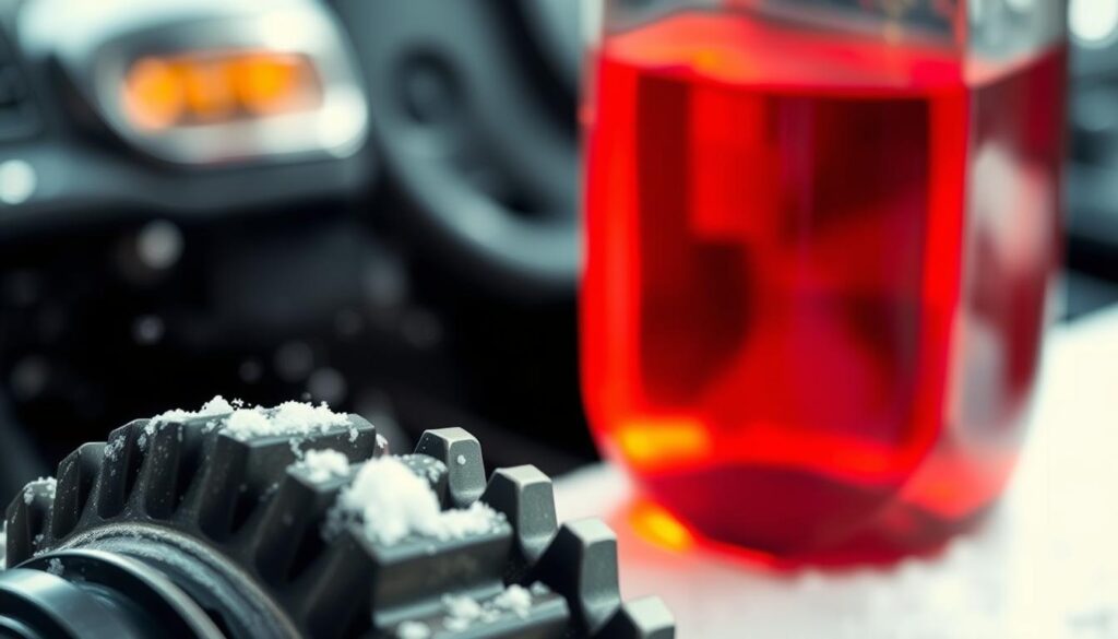A close-up view of vibrant, translucent red transmission fluid inside a glass bottle, highlighted under soft, diffused lighting to reveal its viscosity and rich color. The background features an abstract representation of a chilly automotive environment, blurred to suggest an emotionally cold atmosphere, inferring the "hard shifting" issue. In the foreground, a detailed mechanical component, like a transmission gear, is partially visible, emphasizing the connection between the fluid and vehicle performance. The imagery captures a sense of urgency and concern regarding automotive maintenance, with a clean, professional aesthetic that invites the viewer’s attention to the importance of understanding transmission fluid in the context of cold weather challenges.