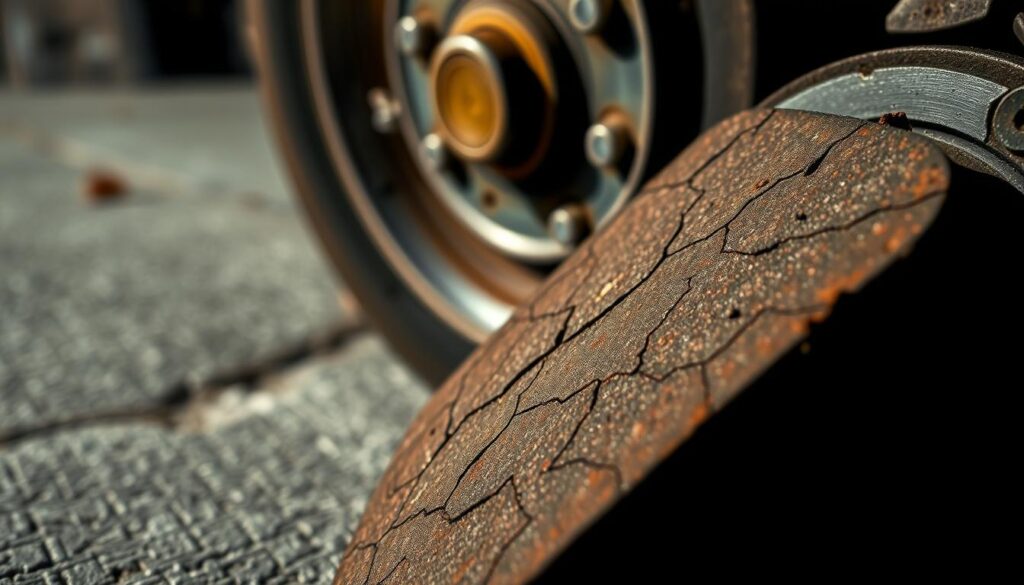 A close-up view of worn brake pads on a car, set against a textured concrete background. The foreground features the brake pads prominently, showing cracks and uneven wear patterns to illustrate neglect. In the middle ground, a blurred image of a car's wheel assembly hints at the larger context of vehicle maintenance. The lighting is dramatic, with sharp contrast highlighting the imperfections of the brake pads, suggesting the potential danger they pose. The angle is slightly tilted to create a sense of unease and urgency, complementing the serious theme of the risks associated with driving on bad brakes. The overall atmosphere is tense and cautionary, prompting reflection on automotive safety. A close-up view of worn brake pads on a car, set against a textured concrete background. The foreground features the brake pads prominently, showing cracks and uneven wear patterns to illustrate neglect. In the middle ground, a blurred image of a car's wheel assembly hints at the larger context of vehicle maintenance. The lighting is dramatic, with sharp contrast highlighting the imperfections of the brake pads, suggesting the potential danger they pose. The angle is slightly tilted to create a sense of unease and urgency, complementing the serious theme of the risks associated with driving on bad brakes. The overall atmosphere is tense and cautionary, prompting reflection on automotive safety.
