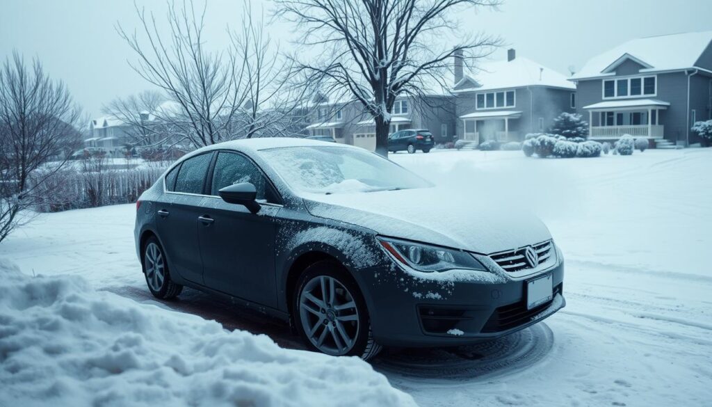 A cold winter morning scene depicting a car parked outside in a snow-covered driveway. In the foreground, the car is partially covered with frost and snow, with steam rising gently from the engine as it attempts to start. The middle ground features an icy landscape, with a few bare trees lightly dusted with snow. In the background, a residential neighborhood, with houses adorned with icicles, creating a serene and chilly atmosphere. The lighting is soft and diffused, typical of a cloudy day, with a muted color palette highlighting the whites and blues of winter. The mood conveys the struggle of a car in cold weather, emphasizing the challenges of starting a vehicle in frigid temperatures.