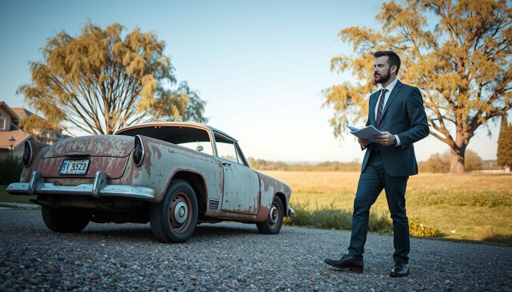 A contemplative scene depicting an aging vehicle dilemma: in the foreground, an old, rusted automobile languishing on a gravel driveway, its paint peeling and tires flat, symbolizing neglect. In the middle ground, a well-dressed man in a smart casual outfit surveys the vehicle, a thoughtful expression on his face, holding a notepad as he weighs options. The background shows a suburban landscape with a clear blue sky and trees gently swaying in the breeze, evoking a serene atmosphere. Soft, natural lighting highlights the textures of the car and the man's features, captured from a slightly angled perspective to add depth. The overall mood is reflective, underlining the challenges of deciding whether to repair or transport an aging vehicle. A contemplative scene depicting an aging vehicle dilemma: in the foreground, an old, rusted automobile languishing on a gravel driveway, its paint peeling and tires flat, symbolizing neglect. In the middle ground, a well-dressed man in a smart casual outfit surveys the vehicle, a thoughtful expression on his face, holding a notepad as he weighs options. The background shows a suburban landscape with a clear blue sky and trees gently swaying in the breeze, evoking a serene atmosphere. Soft, natural lighting highlights the textures of the car and the man's features, captured from a slightly angled perspective to add depth. The overall mood is reflective, underlining the challenges of deciding whether to repair or transport an aging vehicle.