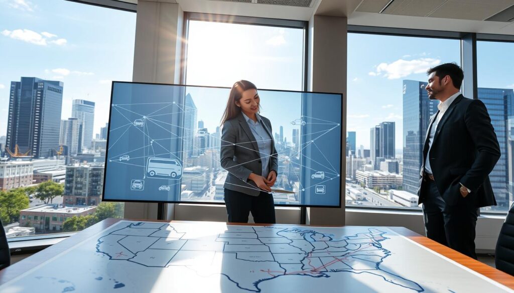 A contemporary office environment depicting a professional team discussing a nationwide carrier network for vehicle transport services. In the foreground, two business professionals in smart attire analyze a detailed map on a table, showcasing various routes across a USA map, symbolizing efficiency and reliability. The middle layer features a large digital display screen showing interconnected lines representing logistics routes and vehicle icons, creating a sense of connectivity. In the background, large windows reveal a bustling cityscape of Farmington Hills, Michigan, with blue skies and sunlight streaming in, creating an optimistic atmosphere. The lighting is bright and natural, enhancing the professional yet welcoming mood. Use a slightly elevated angle to capture the entirety of the scene, ensuring focus on collaboration and transportation logistics. A contemporary office environment depicting a professional team discussing a nationwide carrier network for vehicle transport services. In the foreground, two business professionals in smart attire analyze a detailed map on a table, showcasing various routes across a USA map, symbolizing efficiency and reliability. The middle layer features a large digital display screen showing interconnected lines representing logistics routes and vehicle icons, creating a sense of connectivity. In the background, large windows reveal a bustling cityscape of Farmington Hills, Michigan, with blue skies and sunlight streaming in, creating an optimistic atmosphere. The lighting is bright and natural, enhancing the professional yet welcoming mood. Use a slightly elevated angle to capture the entirety of the scene, ensuring focus on collaboration and transportation logistics.
