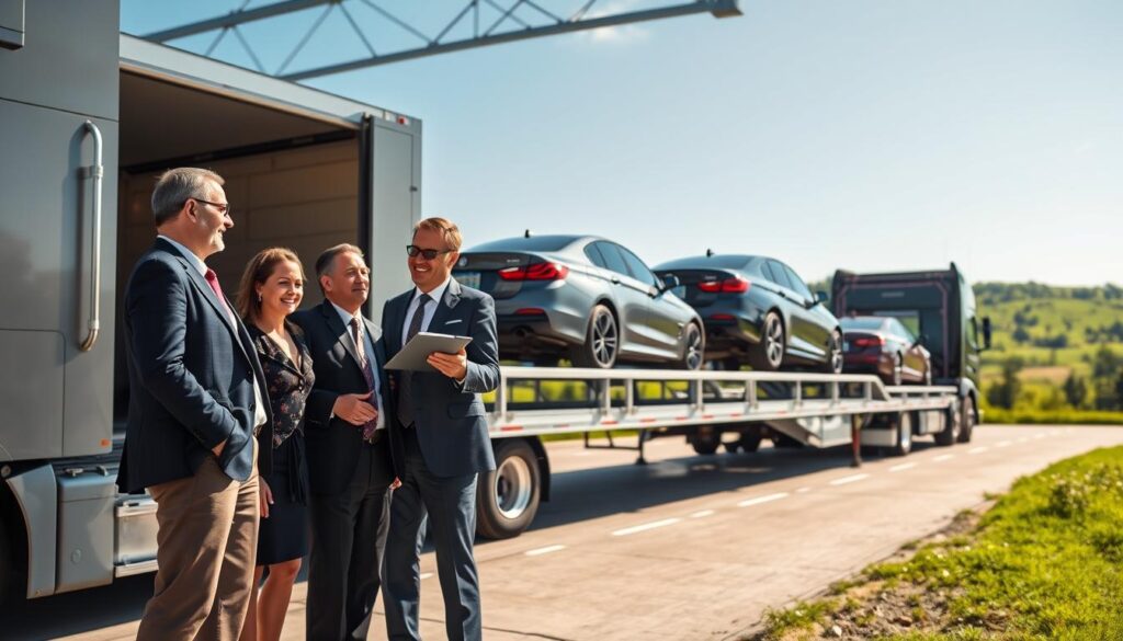 A dedicated auto transport team efficiently loading vehicles onto a professional transport truck. In the foreground, a diverse group of three individuals in professional business attire—two men and one woman—are coordinating the process, smiling and discussing logistics. The middle ground features a shiny, modern transport truck with various cars securely positioned on its trailer, showcasing the team's expertise. In the background, the lush green landscape of Auburn Hills, Michigan, is visible under clear blue skies, conveying a sense of reliability and professionalism. The lighting is bright and natural, emphasizing the team's teamwork and commitment to quality service. The overall mood is one of trust, efficiency, and professionalism, underscoring the importance of a dedicated transport team.
