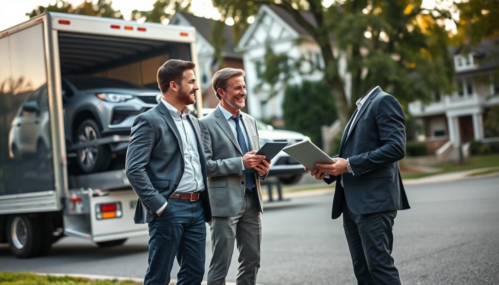 A dedicated transport team in action, focused on car shipping, standing beside a modern transport truck in a suburban Grosse Pointe, Michigan setting. In the foreground, three professionals in smart business attire, smiling and engaged in discussion, with one checking logistics on a tablet. In the middle ground, the shiny truck loaded with vehicles, showcasing their expertise and equipment. The background features a picturesque street with elegant homes and greenery, reflecting the community's charm. Soft morning light bathes the scene, adding a warm glow, with a slight depth of field to emphasize the team in sharp focus. The mood is professional, collaborative, and trustworthy, conveying dedication to service.