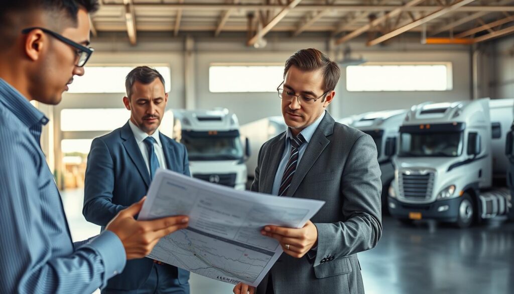A dedicated transport team working actively in a professional environment, featuring diverse individuals in business attire. In the foreground, three team members examine a detailed map and discuss logistics, showcasing concentration and teamwork. In the middle ground, a well-organized fleet of trucks waits in a clean, spacious garage, emphasizing reliability and readiness for car shipping. The background displays a bright, clear sky, symbolizing professionalism and trustworthiness in auto transport. Soft natural lighting filters through the garage windows, highlighting the team’s serious demeanor and the tools of the trade. The mood conveys dedication, expertise, and a commitment to quality service, perfect for illustrating the importance of a reliable transport team in auto shipping.