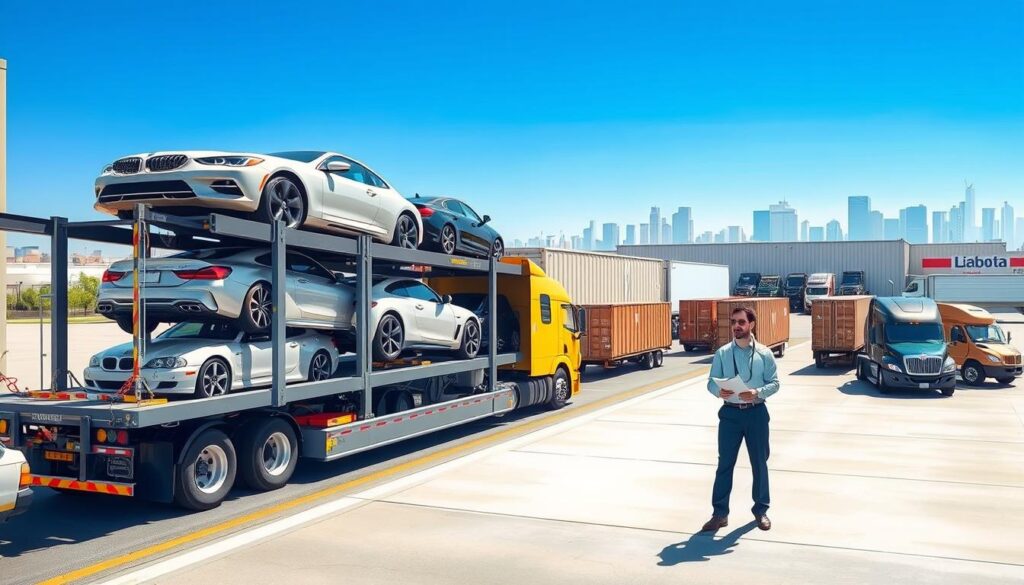 A detailed and dynamic illustration of the vehicle transportation process. In the foreground, a modern car carrier truck is loaded with multiple vehicles, showcasing a variety of makes and models. Each car is securely strapped down, reflecting the professionalism of the shipping service. In the middle ground, a logistics hub features workers in professional attire discussing shipping logistics with a clipboard in hand, surrounded by shipping containers and parked delivery vehicles. The background showcases a clear blue sky, with distant buildings indicating an urban setting in Livonia, Michigan. The scene is illuminated by bright, natural daylight, enhancing the vibrant colors of the vehicles and environment. Focus on capturing a sense of efficiency and reliability in the vehicle transportation industry.