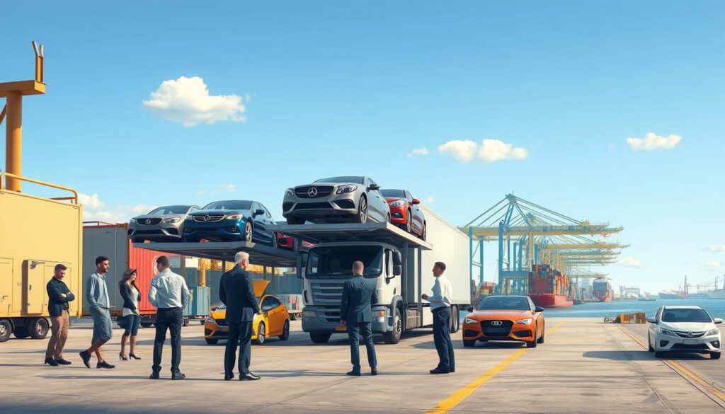 A detailed and engaging illustration of the vehicle shipping process. In the foreground, a diverse group of professionals in business attire are inspecting vehicles on a shipping dock, showcasing teamwork and organization. In the middle, a large car carrier truck is being loaded with various cars, emphasizing the logistics involved. In the background, a clear, bright sky and a bustling port facility create a sense of activity and efficiency. Natural sunlight illuminates the scene, casting soft shadows and highlighting the vibrant colors of the vehicles. A wide-angle perspective captures the scale of the operation, evoking a mood of professionalism and reliability within the auto transport industry.