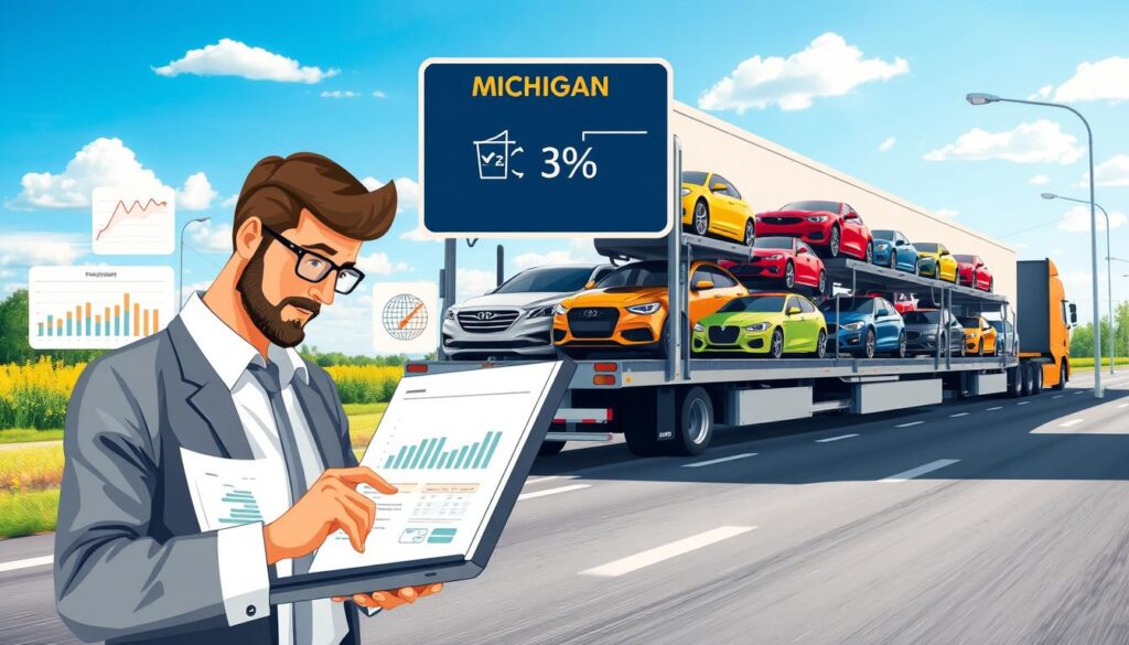 A detailed and informative illustration representing vehicle transportation costs. In the foreground, a professional-looking individual in business attire calculates expenses on a laptop, surrounded by charts and graphs depicting transport rates. In the middle, a diverse fleet of cars loaded onto a car transport truck, showcasing various models and colors, symbolizes the shipping aspect. The background features a bustling Michigan highway, with clear blue skies and a few scattered clouds, enhancing the sense of movement. The lighting is bright and warm, suggesting a productive day. The scene conveys a sense of professionalism and diligence, perfectly encapsulating the complexities of auto transport costs.