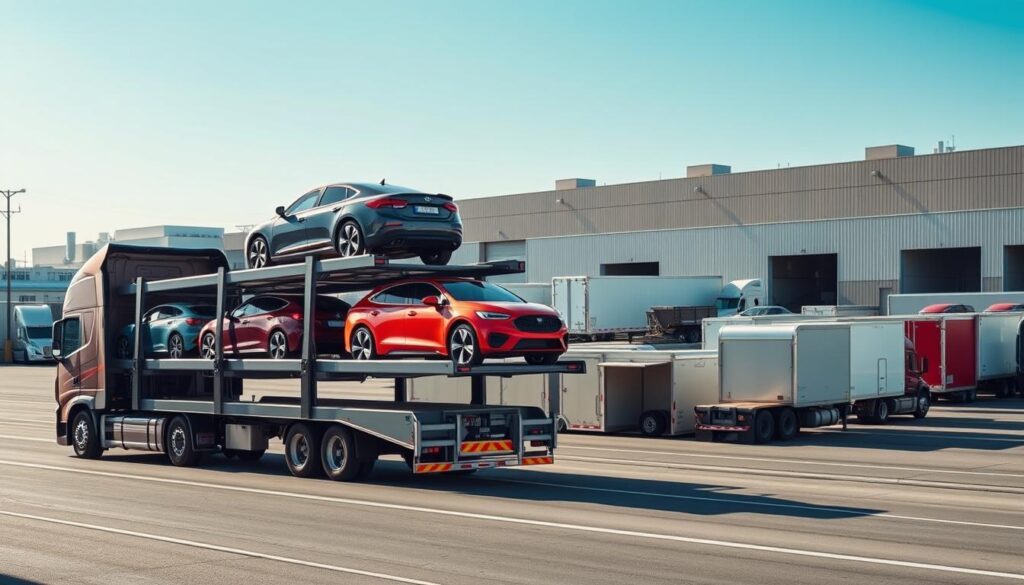 A detailed and informative image depicting various vehicle transport options. In the foreground, showcase a modern car carrier truck loaded with brightly colored vehicles securely strapped in place. In the middle ground, illustrate a bustling auto transport hub with vehicles waiting for shipping, alongside a diverse array of transport containers, including enclosed trailers and flatbed trucks. The background features a clear blue sky with a hint of industrial buildings indicative of Mount Pleasant, Michigan. Soft, natural lighting bathes the scene, creating a sense of efficiency and professionalism. The atmosphere is busy and organized, reflecting a well-coordinated transport operation. The image should feel inviting and informative, suitable for an audience seeking guidance on vehicle transport options.