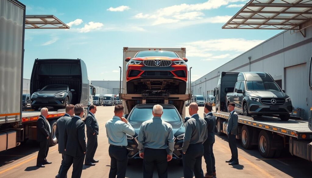 A detailed and organized vehicle shipping process scene, showcasing a bustling auto transport yard. In the foreground, a diverse group of professionals in business attire oversee the loading of a shiny new car onto a large transport truck. The middle layer features several transport vehicles, including car carriers and a single car being carefully loaded. The background displays a clear blue sky, with warehouses and other transport equipment, suggesting a well-organized operation. Bright natural lighting highlights the gleaming vehicles and the focused expressions of the workers, creating a sense of efficiency and professionalism. The atmosphere is one of teamwork and precision, encapsulating the essence of the vehicle shipping process in motion.