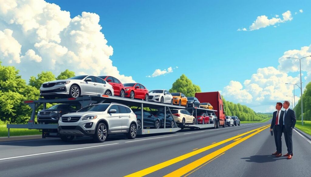 A detailed and vibrant illustration of the auto transport process in Inkster, Michigan. In the foreground, show a professional auto transport truck loading vehicles onto its carrier with a diverse range of cars, including sedans, SUVs, and luxury models, all clearly visible. The middle ground features a smooth, bustling roadway lined with greenery, emphasizing a sense of movement and progress. The background captures a clear blue sky with soft, fluff clouds, symbolizing a bright and efficient transport day. The scene is bathed in natural sunlight, creating a warm and inviting atmosphere. The angle is slightly elevated, providing a comprehensive view of the transport process. Include two individuals in business attire overseeing the operation, exuding a sense of professionalism and expertise.
