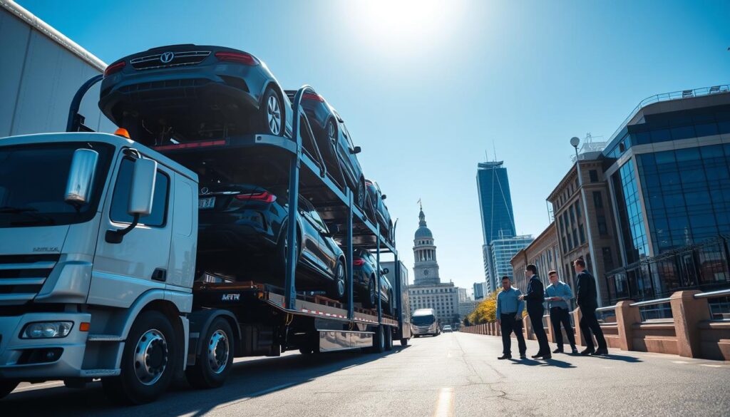 A detailed auto transport process in Southgate, Michigan, featuring a modern car carrier truck in the foreground, securely loaded with multiple vehicles ready for shipping. The middle section showcases auto transport professionals in business attire, inspecting a vehicle and discussing logistics, highlighting teamwork and professionalism. In the background, a clear blue sky and the bustling cityscape of Southgate with recognizable landmarks like the city hall provide context. The lighting is bright and natural, evoking a sense of clarity and efficiency, while the angle captures the scene from slightly below eye level for an inspiring perspective. The mood should feel dynamic and organized, emphasizing the seamless operation of the auto transport process. A detailed auto transport process in Southgate, Michigan, featuring a modern car carrier truck in the foreground, securely loaded with multiple vehicles ready for shipping. The middle section showcases auto transport professionals in business attire, inspecting a vehicle and discussing logistics, highlighting teamwork and professionalism. In the background, a clear blue sky and the bustling cityscape of Southgate with recognizable landmarks like the city hall provide context. The lighting is bright and natural, evoking a sense of clarity and efficiency, while the angle captures the scene from slightly below eye level for an inspiring perspective. The mood should feel dynamic and organized, emphasizing the seamless operation of the auto transport process.