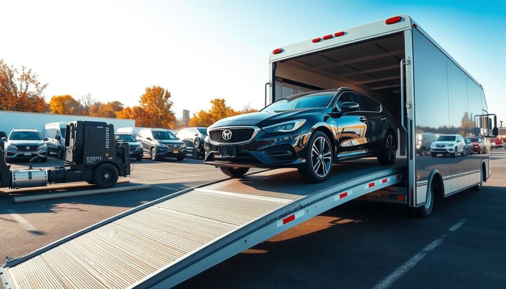 A detailed auto transport process scene set in St. Clair Shores, Michigan. In the foreground, a professional transport vehicle efficiently loading a shiny new car onto a transport trailer, showcasing a smooth ramp. Middle ground features a clean and organized auto transport yard, with several vehicles being prepared for shipment. The background includes the picturesque Michigan landscape with autumn-colored trees and clear blue skies. Soft, natural lighting highlights the scene under a midday sun, capturing a bright and inviting atmosphere. A wide-angle perspective emphasizes the scope of the transport operation while maintaining a professional feel. No people in the image, focusing solely on the vehicles and transport equipment.