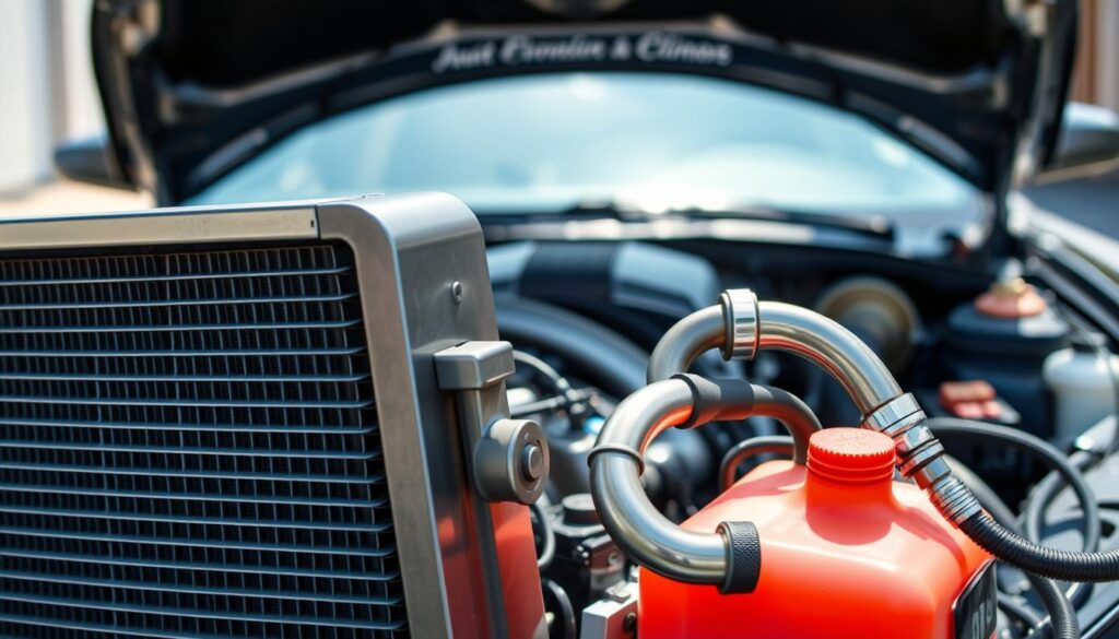 A detailed automotive cooling system displayed prominently in the foreground, showcasing a sleek radiator with gleaming metal pipes and a vibrant coolant reservoir. The middle ground features a blurred but clearly identifiable engine block with hoses leading to the cooling system, emphasizing its functional integration. In the background, a car hood is open, allowing a glimpse of the engine compartment, with soft ambient light filtering through. The scene is lit with natural sunlight, creating dynamic highlights and shadows on the metallic surfaces. Capture the mood of urgency and technicality, illustrating the complexity of car mechanics. Use a slightly elevated angle, allowing for a comprehensive view of the cooling system components, avoiding any human subjects to maintain a clean focus on automotive engineering.