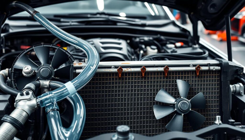 A detailed automotive cooling system, showcasing a close-up view of the radiator, hoses, and fans in a modern car. The foreground features intricate components with visible coolant flowing through semi-transparent hoses. In the middle, the radiator shows signs of wear, highlighting common failure points such as corrosion or leaks. The background includes a blurred view of a car engine bay, emphasizing a busy repair shop setting, with tools and parts scattered for a realistic touch. The lighting is bright and clinical, with soft shadows to enhance textures, creating an informative and slightly urgent atmosphere. The angle is slightly elevated, giving a comprehensive perspective of the cooling system's components, inviting troubleshooting techniques visually.