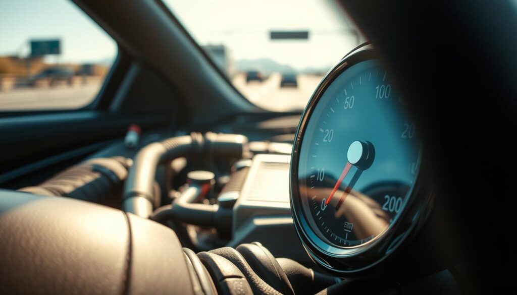 A detailed close-up of a car’s engine temperature gauge, prominently displaying a rising needle indicating overheating. The foreground captures the gauge with high precision, reflecting light on its glass surface, showing temperature markings vividly. In the middle ground, partially visible are essential engine components like hoses and the radiator, rendered with realistic textures and colors. The background features a blurred highway scene, hinting at a busy road under bright sunlight, evoking a sense of urgency and performance. The overall lighting is bright and natural, enhancing the metallic sheen of the gauge, and the atmosphere conveys concern and diagnosis, suggesting the urgency of addressing overheating issues while driving. A detailed close-up of a car’s engine temperature gauge, prominently displaying a rising needle indicating overheating. The foreground captures the gauge with high precision, reflecting light on its glass surface, showing temperature markings vividly. In the middle ground, partially visible are essential engine components like hoses and the radiator, rendered with realistic textures and colors. The background features a blurred highway scene, hinting at a busy road under bright sunlight, evoking a sense of urgency and performance. The overall lighting is bright and natural, enhancing the metallic sheen of the gauge, and the atmosphere conveys concern and diagnosis, suggesting the urgency of addressing overheating issues while driving.