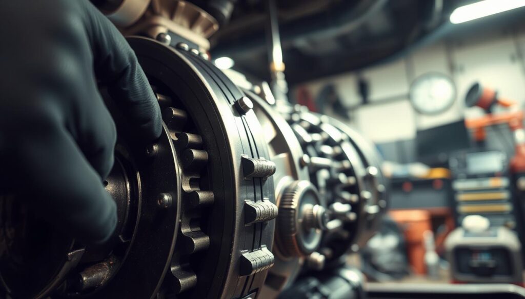 A detailed close-up of a car's transmission system, highlighting the gears and components that indicate transmission slipping. The foreground features a mechanic's gloved hands inspecting the gear assembly, with oil stains visible. The middle ground shows the intricate, metallic parts of the transmission, glistening under bright, overhead workshop lighting, creating an atmosphere of urgency and concern. In the background, blurred tools and diagnostic equipment hint at a busy automotive workshop. The angle is slightly low, emphasizing the complexity of the transmission mechanism, while soft shadows cast across the scene enhance the technical feel. The overall mood is tense and focused, illustrating the serious nature of slipping transmission issues after long drives. A detailed close-up of a car's transmission system, highlighting the gears and components that indicate transmission slipping. The foreground features a mechanic's gloved hands inspecting the gear assembly, with oil stains visible. The middle ground shows the intricate, metallic parts of the transmission, glistening under bright, overhead workshop lighting, creating an atmosphere of urgency and concern. In the background, blurred tools and diagnostic equipment hint at a busy automotive workshop. The angle is slightly low, emphasizing the complexity of the transmission mechanism, while soft shadows cast across the scene enhance the technical feel. The overall mood is tense and focused, illustrating the serious nature of slipping transmission issues after long drives.
