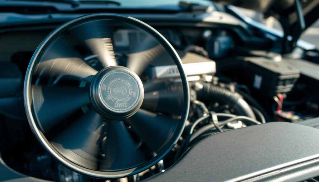 A detailed close-up of a cooling fan within a car engine bay, showcasing the intricate design of the blades and motor. The foreground features the fan spinning, with motion blur to suggest high-speed rotation. In the middle, the engine components are visible, including hoses and electrical connections, conveying a sense of complexity. The background displays a softly illuminated engine compartment, with subtle highlights and shadows to enhance depth. The lighting is bright but soft, mimicking natural daylight filtering through an open hood. This image should evoke a technical, informative atmosphere, highlighting the importance of cooling systems in vehicular performance while idling. A detailed close-up of a cooling fan within a car engine bay, showcasing the intricate design of the blades and motor. The foreground features the fan spinning, with motion blur to suggest high-speed rotation. In the middle, the engine components are visible, including hoses and electrical connections, conveying a sense of complexity. The background displays a softly illuminated engine compartment, with subtle highlights and shadows to enhance depth. The lighting is bright but soft, mimicking natural daylight filtering through an open hood. This image should evoke a technical, informative atmosphere, highlighting the importance of cooling systems in vehicular performance while idling.