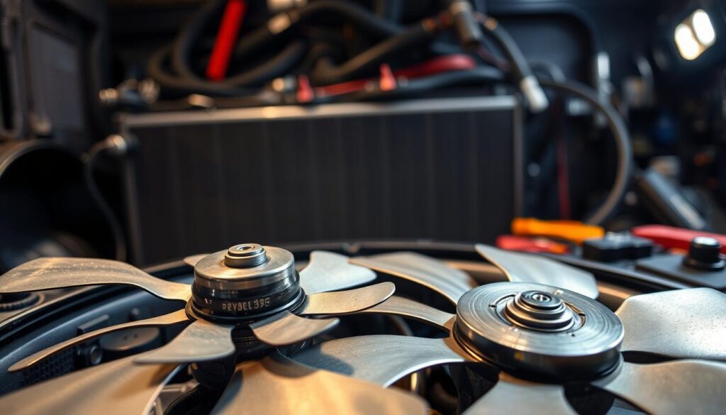 A detailed close-up of a radiator fan, showcasing its blades and motor components, set against a backdrop of a vehicle’s cooling system. The foreground focuses on the intricate design and metallic textures of the fan, capturing its functional elements like the central hub and wiring. In the middle ground, hints of a car radiator and hoses can be seen, slightly blurred for depth. The background features a dimly lit garage environment, emphasizing a mechanic’s workspace with tools and spare parts subtly indicated. The scene is illuminated by soft, ambient light that creates a technical yet inviting atmosphere. Capture from a low angle to portray the fan’s importance in the cooling system, emphasizing its role in vehicle performance.