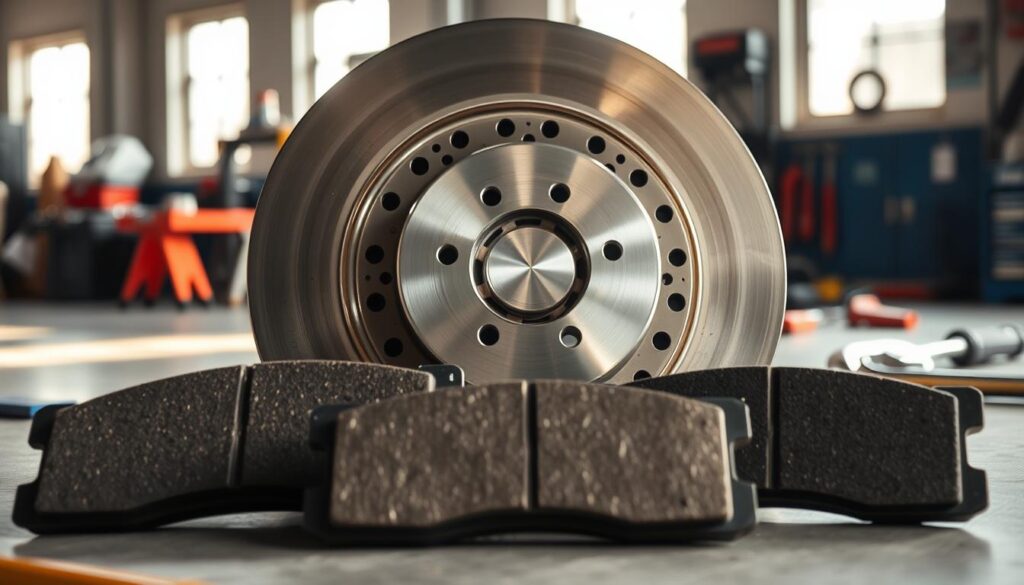 A detailed composition showcasing a set of brake pads and a brake rotor in a well-lit automotive workshop setting. In the foreground, focus on the brake pads, highlighting their textured surfaces and the grooves for efficient friction. The middle ground features the brake rotor, emphasizing its circular shape with intricate ventilation holes and a smooth, reflective surface. The background reveals tools like wrenches and diagnostic equipment, subtly blurred to create depth. Use natural lighting filtering through the workshop windows, casting soft shadows that enhance the details of the components. Capture the image from a slightly angled top-down perspective, evoking a sense of professionalism and clarity, suitable for a technical article on vehicle braking systems.