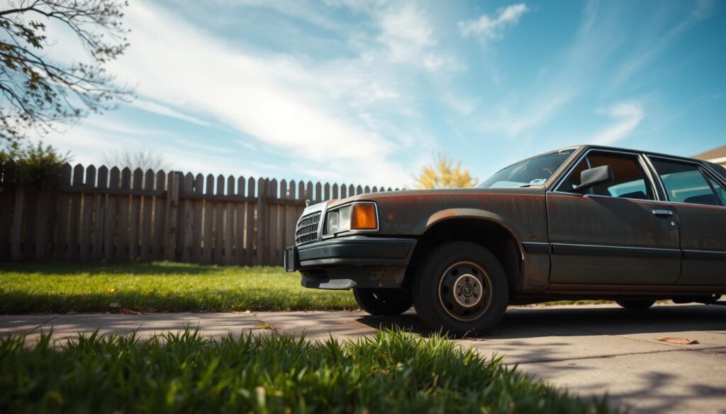 A detailed depiction of a non-running vehicle, specifically an old sedan, parked in a suburban driveway. The foreground features the car with a slightly rusted body, flat tires, and a cracked windshield, creating a sense of abandonment. In the middle ground, a tidy yard with green grass and a few scattered leaves suggests the changing seasons. A wooden fence lines the driveway, adding to the suburban atmosphere. In the background, a clear blue sky and soft clouds provide a calm and serene mood. The scene is well-lit by natural sunlight, casting soft shadows, and captured from a low angle to emphasize the details of the inoperable vehicle and its surroundings. The overall image conveys a sense of stillness and evokes curiosity about the story behind the vehicle.