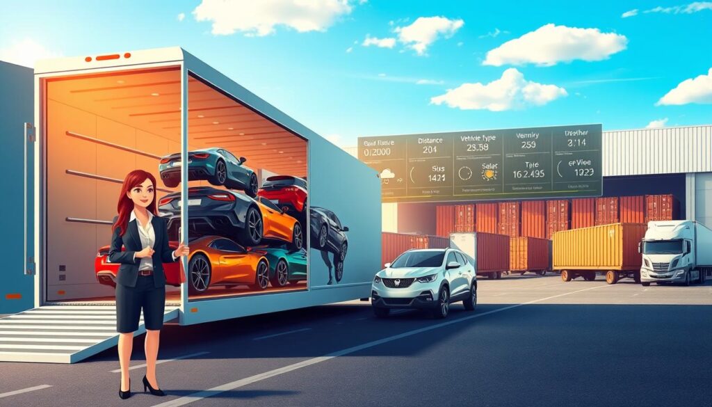 A detailed illustration depicting the various factors influencing car shipping costs in a transport setting. In the foreground, a professional woman in business attire stands next to a sleek, open trailer loaded with diverse vehicles, showcasing various sizes and makes. In the middle, a large digital display board shows fluctuating prices and shipping routes, with icons representing distance, vehicle type, and weather conditions. The background features a transport facility with trucks and shipping containers under a clear blue sky, hinting at logistical operations. Soft, natural lighting illuminates the scene, creating an inviting and informative atmosphere. The camera angle captures a slight upward perspective, emphasizing the complexities of the auto transport industry while keeping the focus on the factors affecting shipping costs.