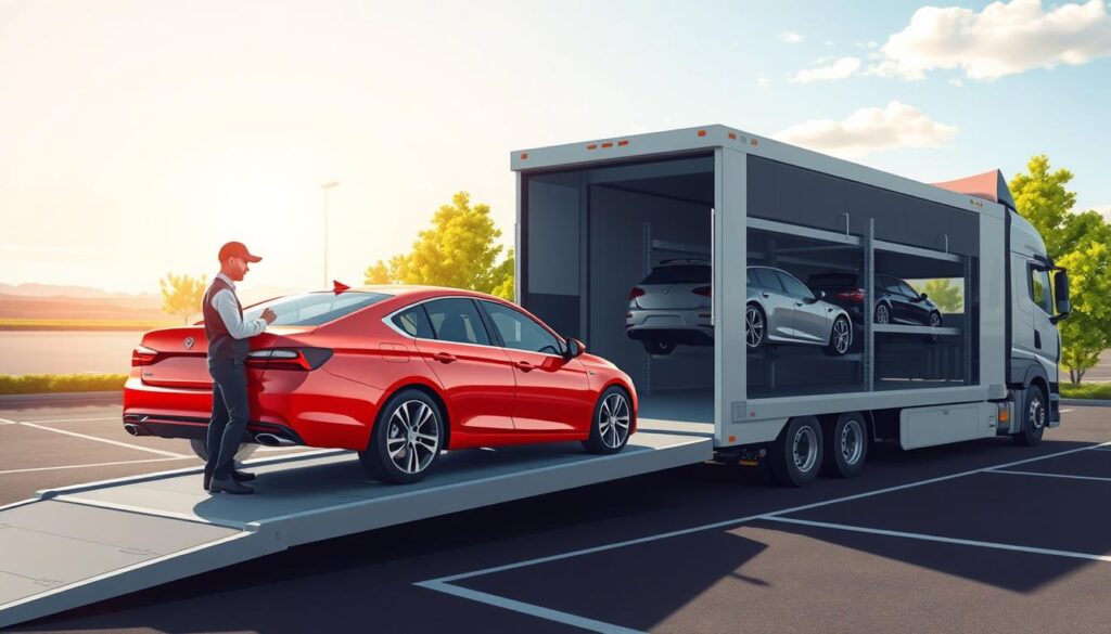 A detailed illustration of a car being loaded onto an auto transport truck. In the foreground, the car is a sleek sedan, showcasing a bright color like red or blue, parked on a ramp of the transport. A skilled operator, dressed in professional attire, stands nearby, inspecting the vehicle. In the middle ground, the auto transport truck is robust and well-designed, with multiple levels for additional cars, set against a sunny sky. The background features a serene parking lot with green trees and a distant horizon. The lighting is bright and clear, creating a professional and informative atmosphere, emphasizing the safe transportation of vehicles. The angle is slightly elevated, capturing the scene's dynamic nature without any distractions or text.