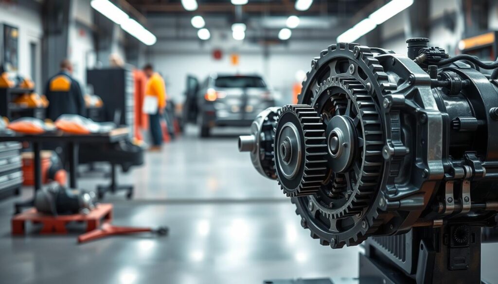 A detailed illustration of a modern vehicle transmission system, prominently featuring an automatic transmission unit in the foreground, showcasing intricate gears and components. The middle ground reveals a partially disassembled car, emphasizing the transmission area, with tools and equipment arranged methodically. The background includes a well-lit automotive shop environment, with soft, even lighting creating a professional atmosphere. The image captures the essence of automotive reliability and engineering precision, with a rich color palette highlighting metallic tones and mechanical textures. A slight depth of field blurs the background slightly, focusing attention on the transmission details. Lighting should evoke a sense of clarity and professionalism, enhancing the informative nature of the composition.