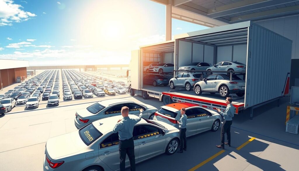 A detailed illustration of a vehicle shipping process in a bustling auto transport facility. In the foreground, several vehicles are lined up on a loading dock, ready to be loaded onto a car carrier trailer. Workers, dressed in professional business attire, are coordinating the loading process, using hand signals and walkie-talkies. In the middle ground, a large car transport truck is parked with an open ramp, showcasing the interior loaded with securely fastened cars. In the background, a bright blue sky illuminates the scene, with distant storage lots filled with cars awaiting transport. The lighting is bright and natural, casting clear shadows and enhancing the vivid colors of the vehicles. The overall atmosphere is organized and efficient, reflecting a well-oiled vehicle shipping operation. A detailed illustration of a vehicle shipping process in a bustling auto transport facility. In the foreground, several vehicles are lined up on a loading dock, ready to be loaded onto a car carrier trailer. Workers, dressed in professional business attire, are coordinating the loading process, using hand signals and walkie-talkies. In the middle ground, a large car transport truck is parked with an open ramp, showcasing the interior loaded with securely fastened cars. In the background, a bright blue sky illuminates the scene, with distant storage lots filled with cars awaiting transport. The lighting is bright and natural, casting clear shadows and enhancing the vivid colors of the vehicles. The overall atmosphere is organized and efficient, reflecting a well-oiled vehicle shipping operation.