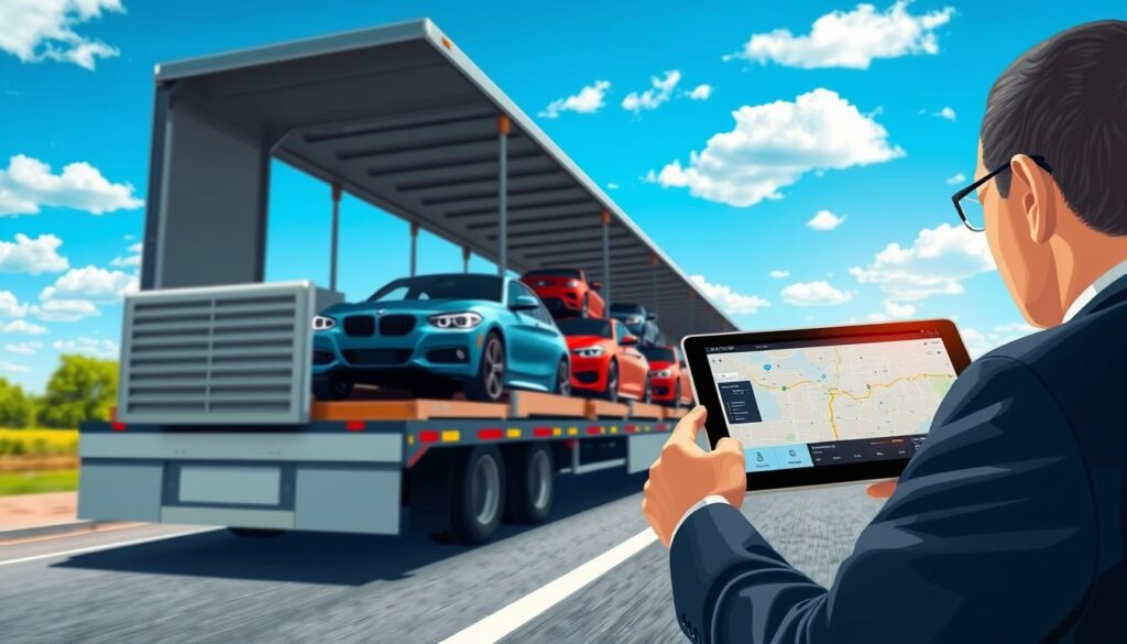 A detailed illustration of a vehicle transport monitoring scene, featuring a sleek, modern truck transporting several cars. In the foreground, a professional in business attire is examining a tablet displaying a digital map and real-time vehicle tracking data. The middle ground showcases the truck and its cargo under bright, daylight conditions, emphasizing the colors of the vehicles being transported. In the background, a clear blue sky and scattered fluffy clouds provide an expansive feel, hinting at the open roads of Alpena, Michigan. The atmosphere is busy yet organized, capturing the essence of the vehicle transport process. Use a wide-angle lens to encompass the scene with vibrant colors and natural lighting, creating a sense of professionalism and efficiency. A detailed illustration of a vehicle transport monitoring scene, featuring a sleek, modern truck transporting several cars. In the foreground, a professional in business attire is examining a tablet displaying a digital map and real-time vehicle tracking data. The middle ground showcases the truck and its cargo under bright, daylight conditions, emphasizing the colors of the vehicles being transported. In the background, a clear blue sky and scattered fluffy clouds provide an expansive feel, hinting at the open roads of Alpena, Michigan. The atmosphere is busy yet organized, capturing the essence of the vehicle transport process. Use a wide-angle lens to encompass the scene with vibrant colors and natural lighting, creating a sense of professionalism and efficiency.