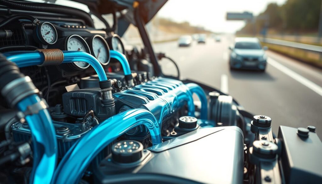 A detailed illustration of coolant flow within a car engine, showcasing vibrant blue liquid streams flowing through pipes and radiators, emphasizing the cooling process. In the foreground, highlight the engine components with intricate details, such as hoses and temperature gauges, showcasing a well-lit, polished metal surface. The middle ground should depict a cross-section of the engine block, revealing the coolant pathways, surrounded by cooling fans and other mechanical parts. The background features a blurred highway scene, suggesting an outdoor setting. Use soft, natural lighting to create a realistic atmosphere, captured with a slight overhead angle to provide depth. The mood is technical and informative, focusing on the mechanics of temperature regulation to prevent overheating. A detailed illustration of coolant flow within a car engine, showcasing vibrant blue liquid streams flowing through pipes and radiators, emphasizing the cooling process. In the foreground, highlight the engine components with intricate details, such as hoses and temperature gauges, showcasing a well-lit, polished metal surface. The middle ground should depict a cross-section of the engine block, revealing the coolant pathways, surrounded by cooling fans and other mechanical parts. The background features a blurred highway scene, suggesting an outdoor setting. Use soft, natural lighting to create a realistic atmosphere, captured with a slight overhead angle to provide depth. The mood is technical and informative, focusing on the mechanics of temperature regulation to prevent overheating.