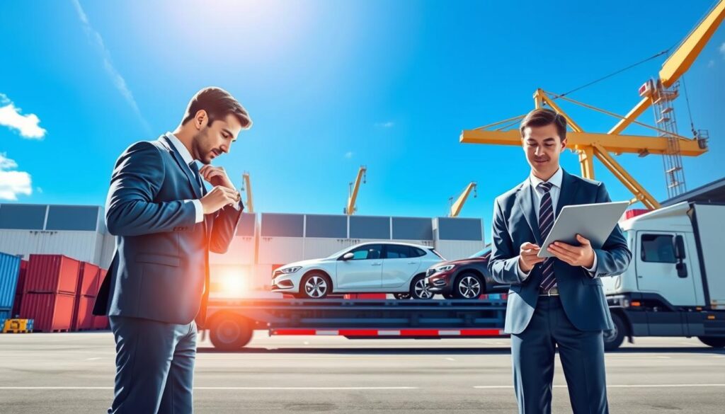 A detailed illustration of the vehicle shipping process. In the foreground, two professionals in business attire, one inspecting a car on a transport truck, the other checking documents on a tablet. In the middle, a transport truck loaded with various vehicles, showcasing different models and colors, ready for shipping. The background features a logistics facility with large shipping containers, cranes, and a clear blue sky. The lighting is bright, mimicking natural sunlight, which creates a vibrant and dynamic atmosphere. The camera angle is slightly elevated, providing a comprehensive view of the scene. The overall mood is organized and professional, reflecting the efficiency of the vehicle shipping operation.