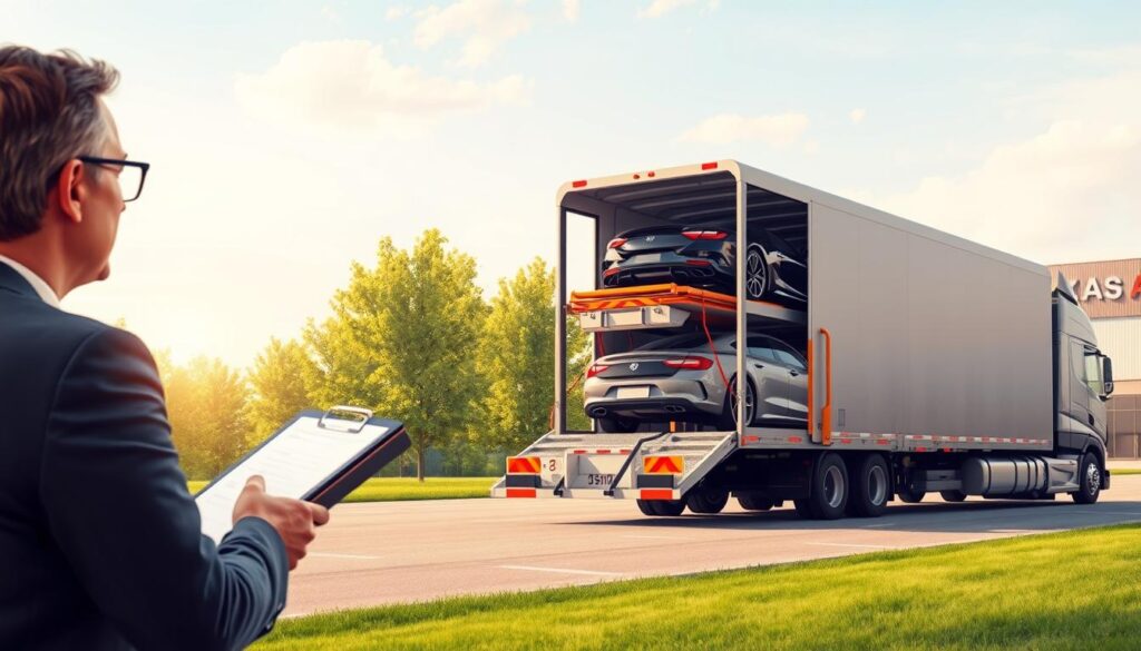 A detailed illustration of the vehicle transport process in a professional setting. In the foreground, a representative dressed in smart business attire is engaged in conversation with a client, discussing logistics with a clipboard in hand. In the middle ground, an auto transport truck is loaded with various vehicles, showcasing the careful arrangement of cars secured with straps. The background features a clear sky with a modern car shipping facility, complete with branded signage, surrounded by lush greenery indicative of Grosse Pointe Woods, Michigan. Soft, natural lighting creates a warm atmosphere, while a wide-angle view captures the scale and organization of the transport operation, evoking a sense of trust and efficiency in the vehicle shipping industry.