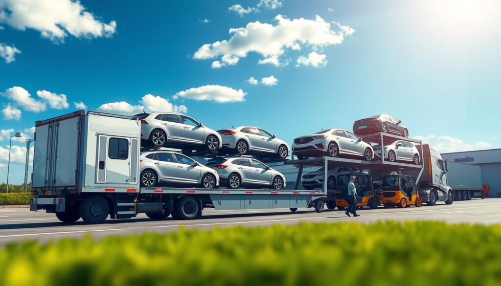 A detailed illustration of the vehicle transportation process, showcasing a large auto transport truck in the foreground, loaded with multiple vehicles secured in place. The middle ground features a bustling car shipping terminal with forklifts moving cars and workers in professional attire coordinating their efforts. In the background, a clear blue sky with soft sunlight is illuminating the scene, creating a vibrant and dynamic atmosphere. The angle of the shot is slightly elevated, offering a comprehensive view of the operations while maintaining a focus on the detailed logistics involved in car shipping. The overall mood is efficient and organized, highlighting the professionalism and precision of the auto transport industry.