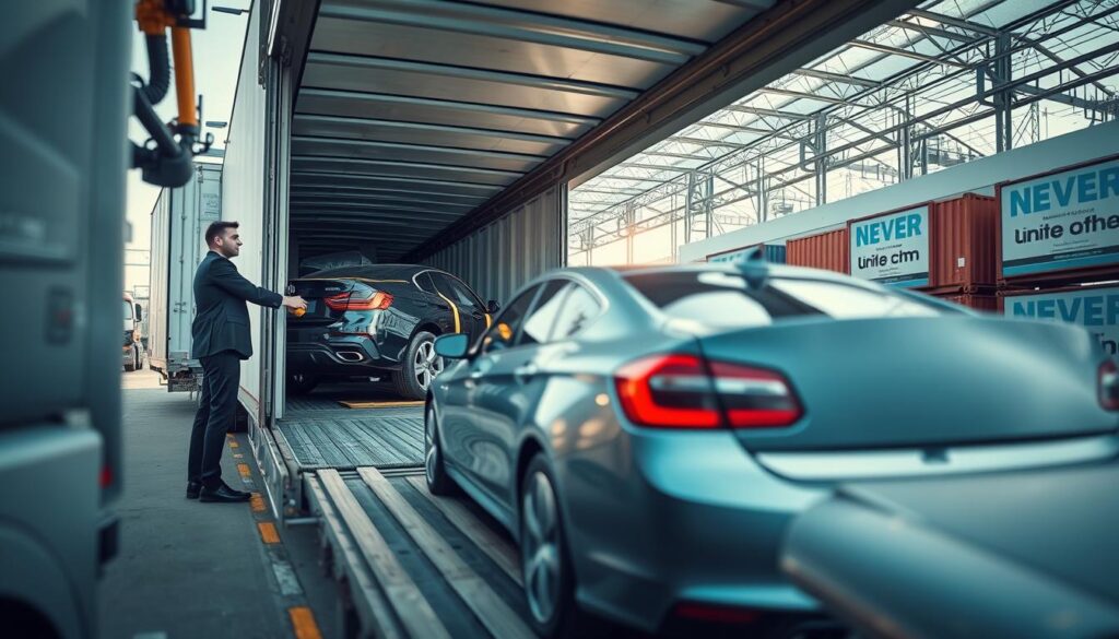 A detailed image depicting a comprehensive vehicle shipping process. In the foreground, showcase a car being carefully loaded onto a transport truck by a worker in professional business attire, ensuring safety and precision. In the middle, display the transport truck featuring multiple vehicles securely strapped down, ready for their journey. The background should include an organized shipping yard with various shipping containers and clear signage indicating vehicle transport logistics. Capture the image in bright daylight, utilizing a wide-angle lens to emphasize depth and clarity, enhancing a professional atmosphere. The mood is industrious yet organized, conveying efficiency and reliability in car shipping. No text or logos present.