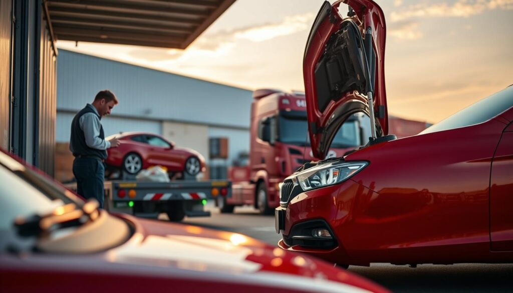 A detailed image of a car with engine problems being prepared for shipping. In the foreground, show a mechanic in professional attire examining the hood of a red sedan, tools scattered nearby. The car’s engine is partially visible with warning lights illuminated on the dashboard. In the middle ground, depict a transport truck equipped with a car carrier, ready to load the vehicle, with a sunset casting warm light across the scene. The background includes a small warehouse and stacks of shipping containers, creating an industrial atmosphere. Use a slightly blurred focus on the background to emphasize the mechanic and the car, while soft, natural lighting enhances the overall mood, conveying a sense of urgency and concern for the vehicle’s condition.