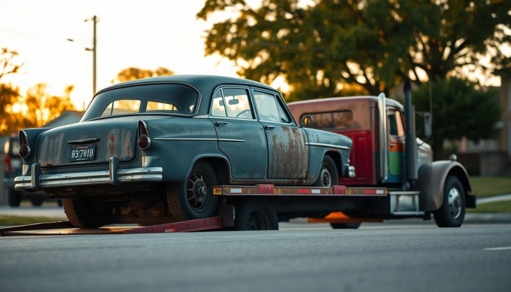 A detailed scene depicting a non-running vehicle, specifically an old, rusty car positioned on a flatbed truck, set on a quiet suburban street. In the foreground, the weathered car shows signs of neglect, with flat tires and faded paint. In the middle ground, the flatbed truck is painted in vibrant colors, contrasting with the dull, inactive vehicle. The background features a soft-focus view of a residential neighborhood, with trees and houses bathed in golden sunset lighting. The mood is calm yet reflective, illustrating the challenges of shipping non-running vehicles. The image should be captured from a low angle, emphasizing the car's height against the truck, with warm, natural lighting to evoke a sense of nostalgia. No human subjects or text should be included.