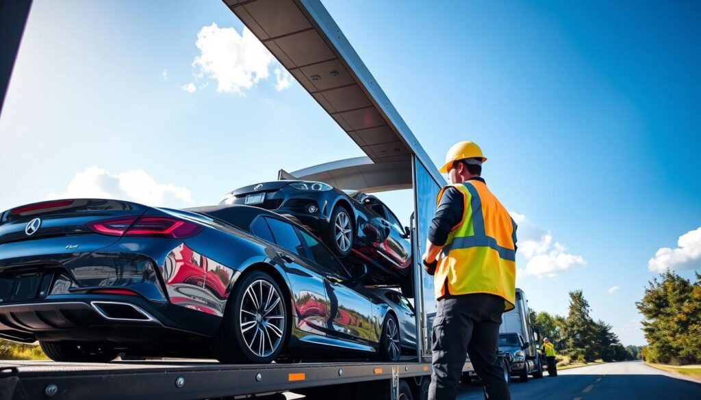 A detailed scene depicting the auto transport process in Walker, Michigan. In the foreground, a sleek car is being loaded onto an open car carrier by a professional in a high-visibility vest and hard hat, showing the meticulous effort of the transport team. In the middle ground, multiple vehicles are securely strapped on the carrier while workers oversee their arrangement, showcasing organization and safety. The background features a clear blue sky with a few fluffy clouds, and a hint of lush green trees native to Michigan. Soft, diffused sunlight casts gentle shadows, enhancing the professionalism of the scene. The overall mood is focused and efficient, accurately capturing the essence of auto transport logistics.