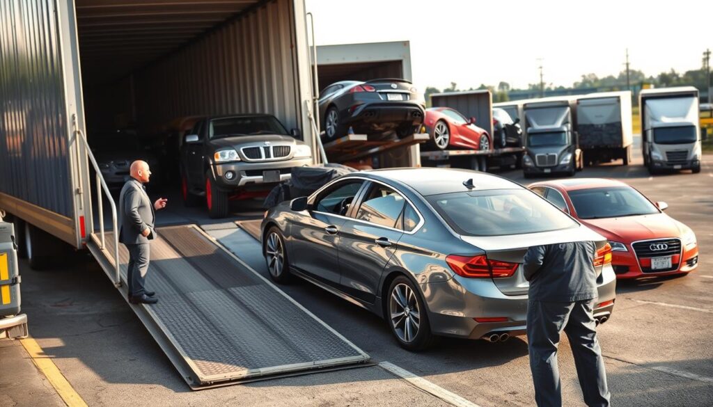 A detailed scene depicting the car shipping process in Melvindale, Michigan. In the foreground, a professional worker in business attire stands beside a ramp leading onto a large transport truck, inspecting vehicles as they are loaded. The middle ground features several cars being carefully driven onto the truck, showcasing an array of colors and models. In the background, a busy automotive loading dock, with other transport trucks, creates a sense of industry. Soft, natural lighting highlights the vehicles, casting gentle shadows, while the angle is slightly elevated, providing a clear view of the entire process. The atmosphere conveys efficiency and professionalism, capturing the essence of car shipping and auto transport.